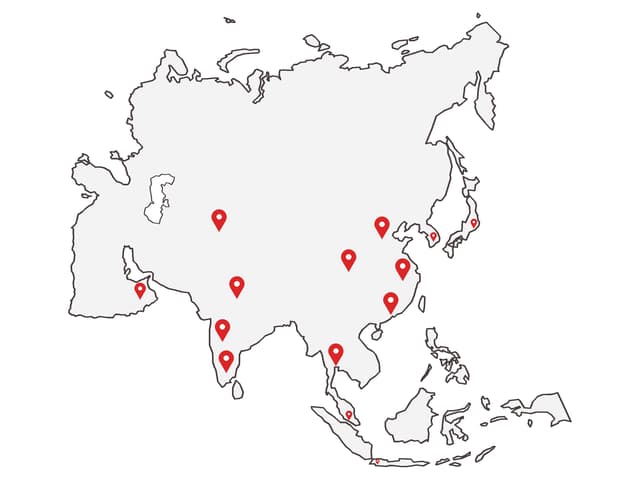 Asia Reach: a map with location pins in the Internasia brand colors.